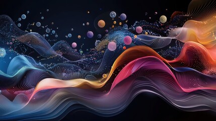 Fototapete - Colorful Dynamic Representation of Probiotics with Vibrant Waves and Floating Elements in an Abstract Composition