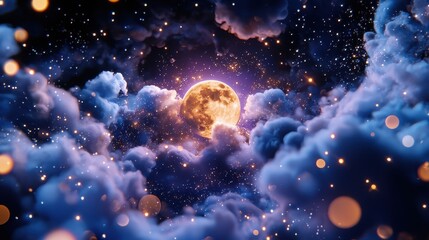 Poster - Serene Night Sky with Radiant Full Moon Surrounded by Dreamy Clouds and Sparkling Stars