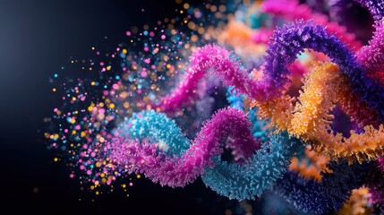 Poster - Vivid Close-Up View of Chromosome Structure Under Microscope with Colorful Particles and Fluid Motion Effects