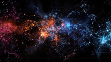 Poster - Elegant 3D Rendering of Neurons Firing in Colorful Display of Blue, Orange, and Purple Against Black Background
