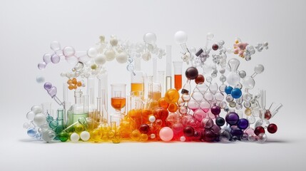 Poster - Intricate Display of Colorful Laboratory Glassware with Scientific Chemical Structures and Vivid Liquid Samples
