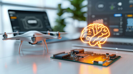 Aufkleber - glowing brain hologram hovers over circuit board on desk, symbolizing AI innovation and robotics. drone and laptop are visible, suggesting technology integration