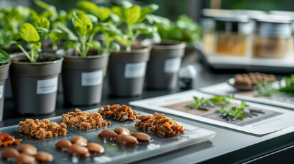 Fototapete - modern agricultural research lab showcases innovative crop rotation techniques with potted plants and seed samples on desk, highlighting sustainable farming practices