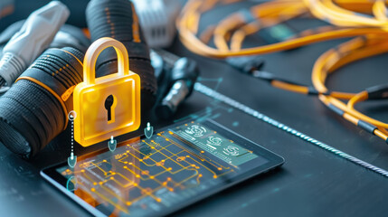 Poster - glowing padlock icon on digital tablet represents modern network security, surrounded by cables and connectors, symbolizing data protection and cybersecurity