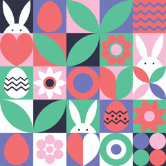 Wall Mural - easter background in geometric style. mosaic with bunny, egg and flower. abstract design. vector ill