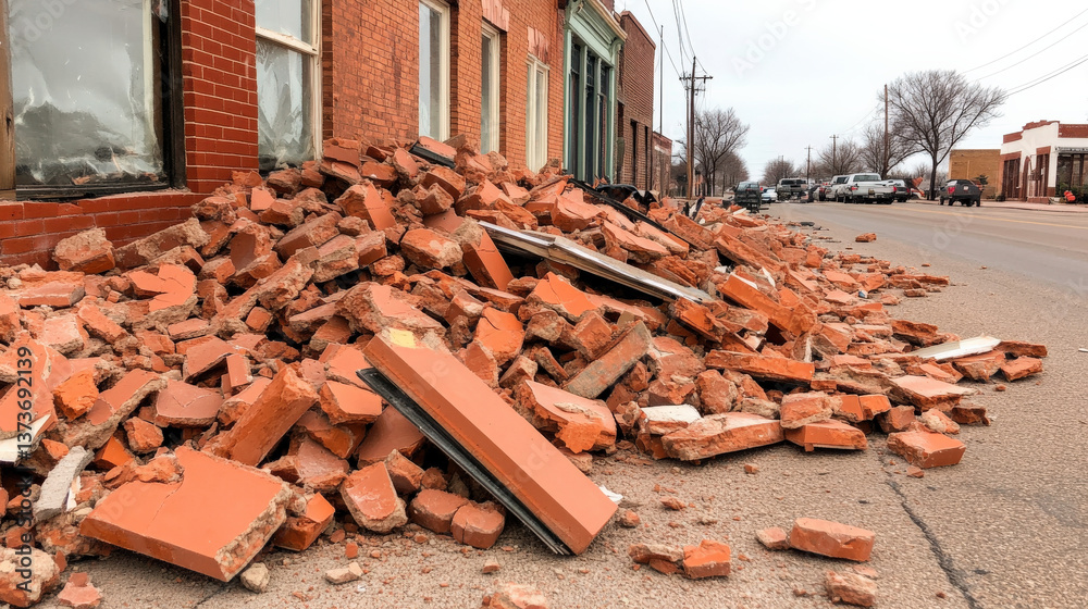 collapsed building with debris scattered across street, showing broken ...