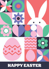 Wall Mural - easter greeting card in geometric style. mosaic background with bunny, egg and flower. abstract desi
