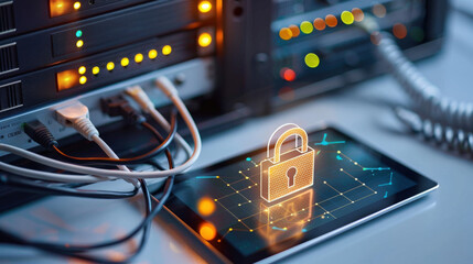 Poster - digital padlock icon glows on tablet screen, symbolizing cybersecurity, amidst network server setup with cables and blinking lights, emphasizing data protection