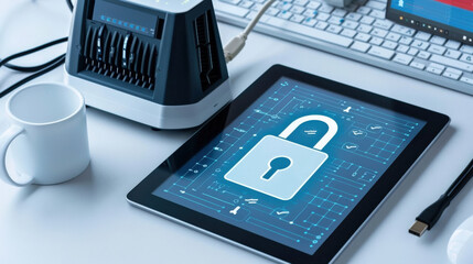 Poster - tablet displaying digital lock symbol on circuit board background represents network security and cyber protection. setup includes keyboard and charging station