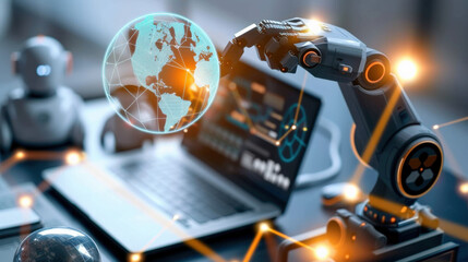 Aufkleber - robotic arm interacts with digital globe in futuristic office setting, symbolizing advanced technology and innovation. scene includes laptop and glowing network connections