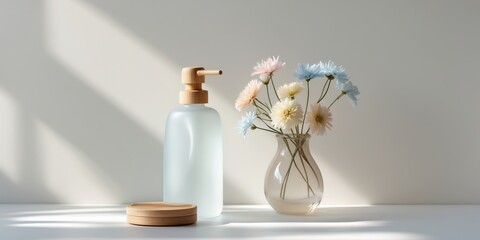Poster - simple arrangement of a transparent bottle and delicate flowers on a minimalist surface during brigh