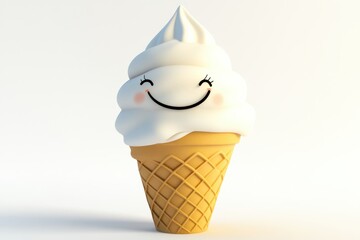 Poster - Smiling ice cream cone on a light background delights with its cheerful appearance and creamy texture