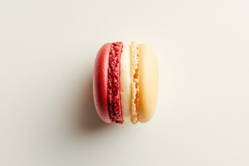 Poster - Colorful macaron dessert displayed close-up with a red and cream shell in a neutral background, highlighting the confectionery art