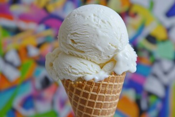 Aufkleber - Creamy vanilla ice cream cone against a vibrant abstract background