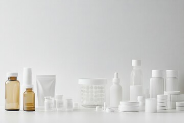 Aufkleber - Variety of minimalist containers and bottles displayed on a clean white background for cosmetic or pharmaceutical products