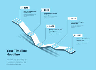 Fototapete - Isometric timeline infographic template with five steps - blue version. SImple chart design for workflow layout, diagram, banner, web design.