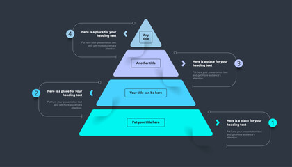Leinwandbilder - Triangle pyramid chart template with four colorful steps - dark version. Infographic diagram divided into four options with numbers.