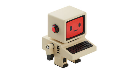 Poster - A retro computer robot with a smiling face on the screen and a button on the side is standing up