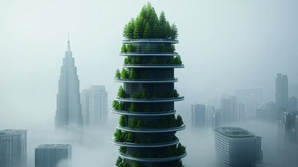 Poster - green futuristic architecture with tree-covered skyscrapers, biomimicry-inspired structures, urban f