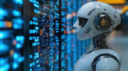 Poster - a robot analyzing a wall of data reflecting the role of ai operations optimization in future technol
