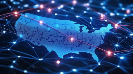 Poster - United states illustrated with an intricate network of dots representing connectivity in arvr hardware production