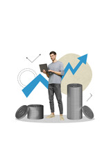 Poster - Picture collage image of successful rich funny man browsing successful statistics financial growth isolated on drawing background