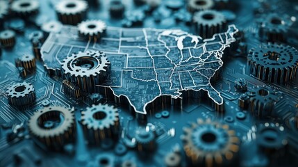 Poster - Map of the united states overlaid with gears representing automation impact zones and their technological influence