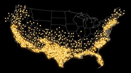 Poster - the united states with a gold-highlighted map showcasing blockchain fintech clusters as centers of e