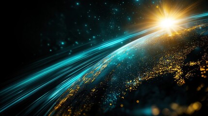 Poster - a planet illuminated with a bright light symbolizing the future of blockchain fintech clusters and g