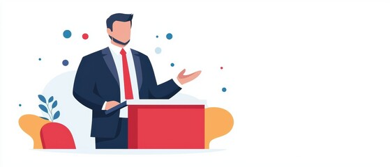 Poster - A professional speaker presenting at a podium, surrounded by colorful elements, suggesting engagement and communication in a conference setting.