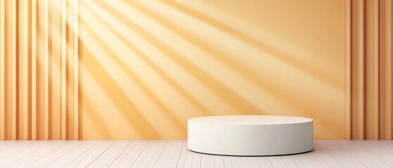 Poster - Bright yellow interior with striped walls and a minimalist white podium, illuminated by sunlight, creating an inviting ambiance.
