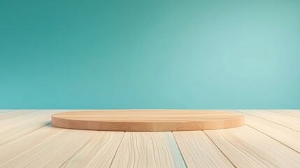 Aufkleber - A minimalist wooden platform on a wooden floor against a turquoise wall, perfect for presentations or displays.