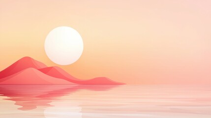 Poster - A serene landscape featuring stylized mountains and a large sun over calm waters, bathed in soft pastel colors.