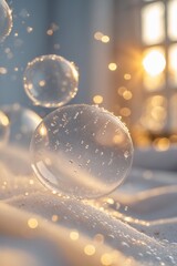 Poster - Bubbles reflecting warm sunlight in a cozy indoor setting during late afternoon hours