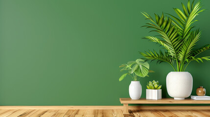 Aufkleber - minimalist interior features wooden shelf with decorative plants against green wall, creating serene and natural atmosphere. arrangement includes various potted plants