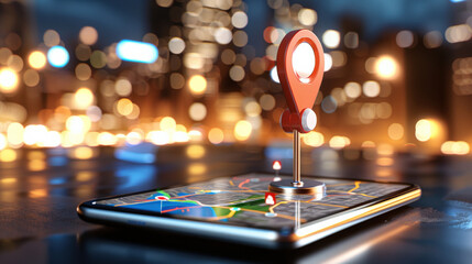 Leinwandbilder - futuristic GPS device with digital touchscreen displays vibrant city map, featuring prominent location pin. background shows blurred cityscape with glowing lights