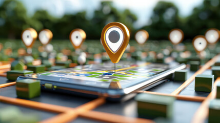 Poster - smartphone with digital map and location pins symbolizes modern navigation technology. image highlights concept of GPS and geolocation in vibrant, futuristic setting