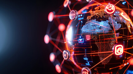 Poster - digital globe with interconnected icons represents global communication and technology networks. vibrant red and blue hues highlight dynamic flow of information across continents