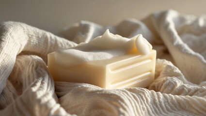 Poster - Handcrafted soap bar resting on soft fabric in warm natural light during an indoor setting