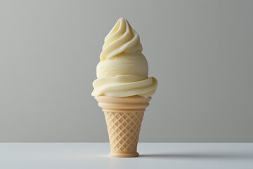 Poster - Soft serve vanilla ice cream in a waffle cone served on a clean surface in bright lighting