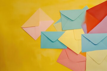 Poster - Colorful envelopes scattered on a bright yellow background create a vibrant and playful display of correspondence