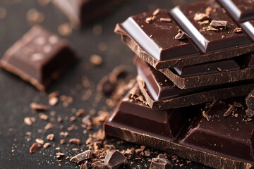 Aufkleber - Dark chocolate pieces stacked on a dark surface with shavings scattered around after breaking chunks