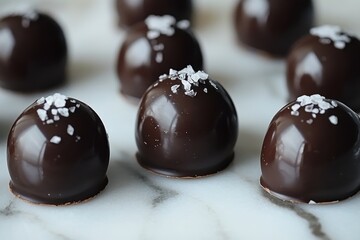 Poster - Delicious chocolate truffles topped with sea salt placed elegantly on a marble surface