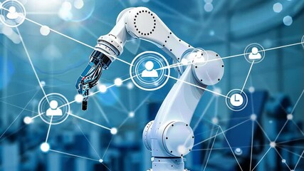 Poster - A robotic arm performs precise tasks in a modern manufacturing facility, highlighting automation and innovation in production processes