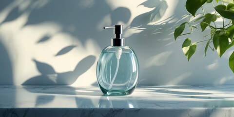 Poster - elegant glass dispenser with a fresh liquid on a tabletop surrounded by plant shadows in natural lig