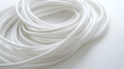 Coiled white cable: a smooth, continuous loop, creating a textured pattern against a light background.
