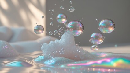 Poster - Bubbles rising from soft foam in a serene indoor setting during the afternoon light