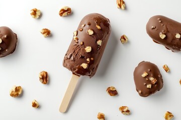 Poster - Delicious chocolate ice cream bars with nuts scattered on a white surface