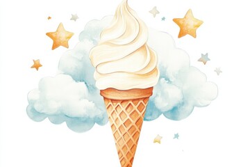 Aufkleber - Delicious ice cream cone with soft serve swirls against a pastel cloud and star background