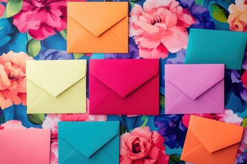 Aufkleber - Colorful envelopes arranged on a floral backdrop in a creative display during daytime